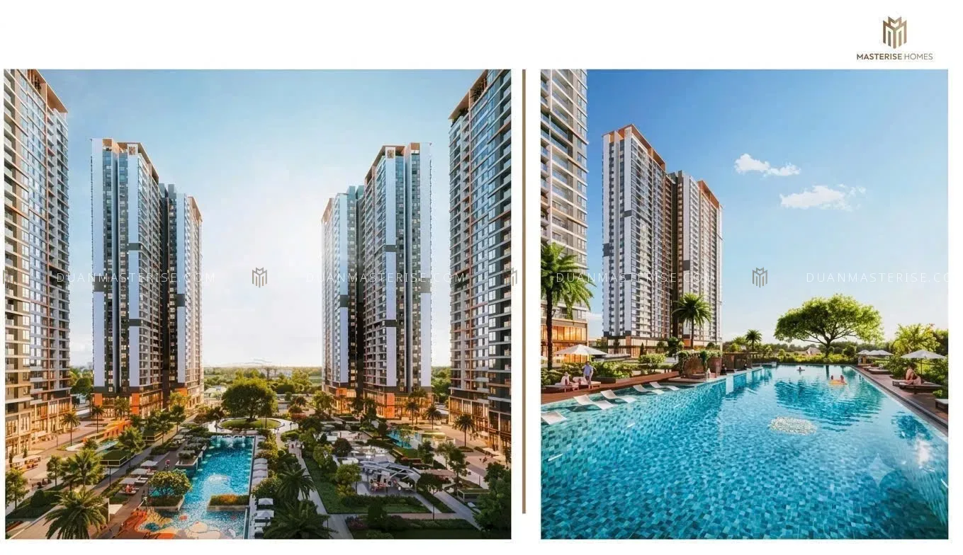 Phối cảnh tòa tháp và khu vực hồ bơi nội khu tại phân khu Masteri Vinhomes Sài Gòn Park